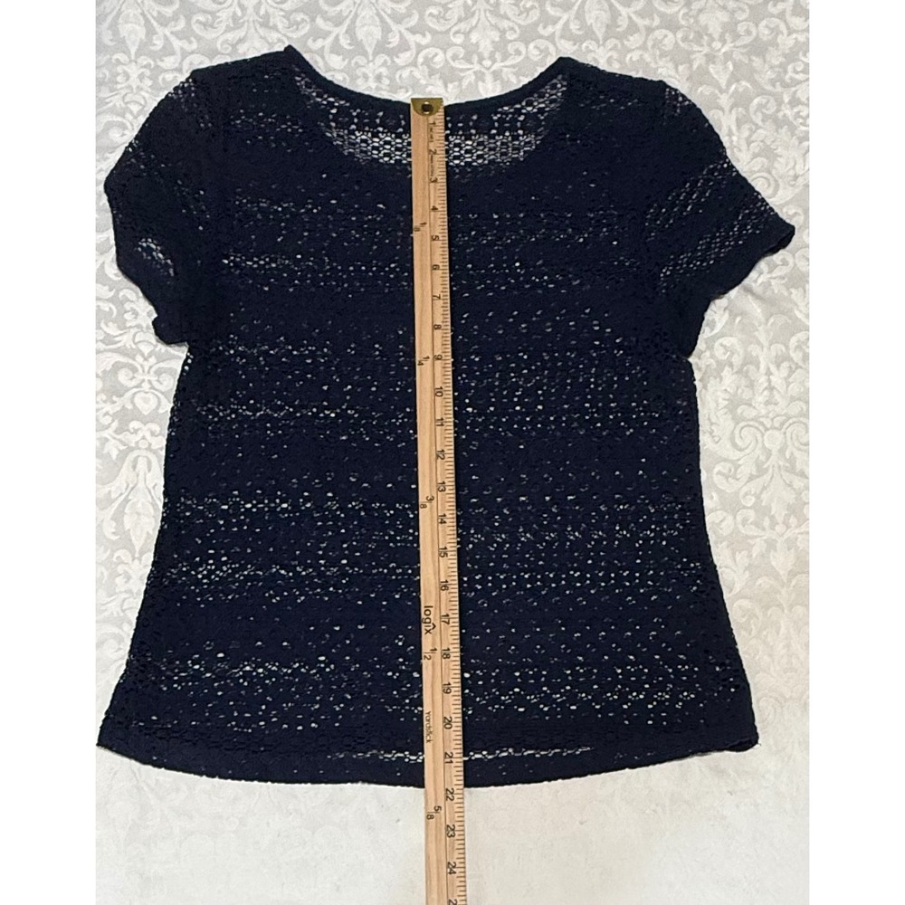 Leo & Nicole Lace Top Womens Small Navy Blue Short Sleeve Scoop Neck Sheer Boho - Picture 6 of 7